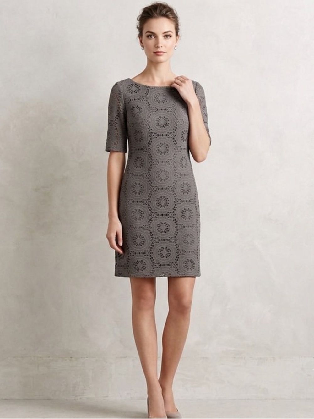 Adrianna Papell Women’s Gray Lace Sheath Dress, Short Sleeve, Size 10 Crochet